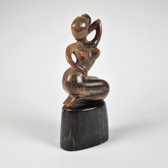 Hand Carved Kneeling Lady Figurine Mid Century Nude Sculpture Ox Horn Indonesian - Picture 2 of 8